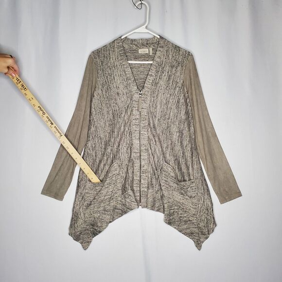Logo Lori Goldstein Cardigan Women XS Taupe Knit Faux Suede V-Neck Zip Pocket - Picture 4 of 8